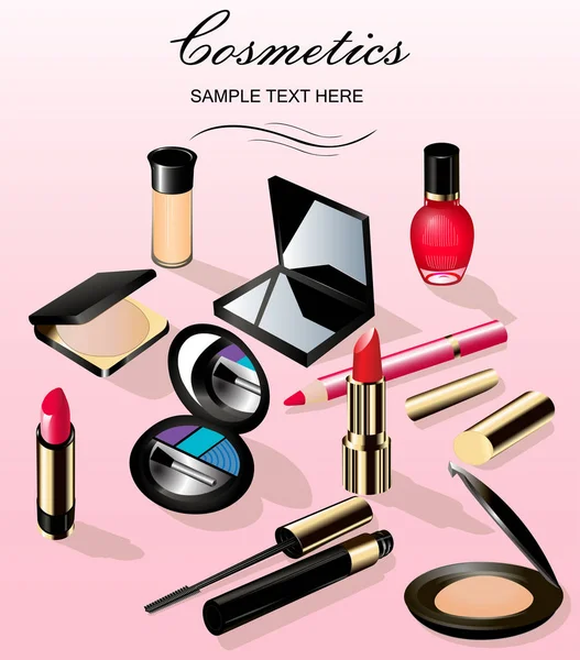 Illustratie Een Achtergrond Met Cosmetica Lippenstift Inkt Een Potlood Poeder — Stockvector