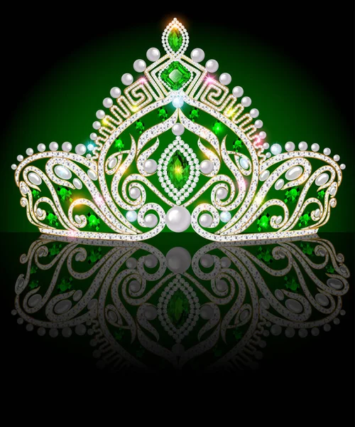 Abbildung Einer Krone Diadem Glänzendes Diadem Mit Smaragden Auf Dunklem — Stockvektor