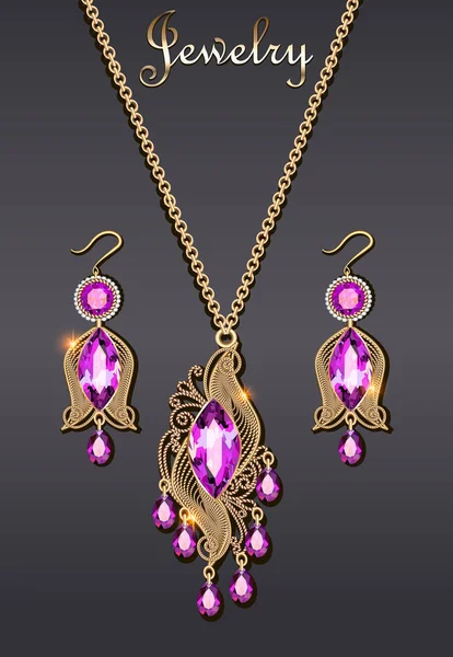 Illustration Pendentif Boucles Oreilles Avec Filigrane Pierre Précieuse — Image vectorielle