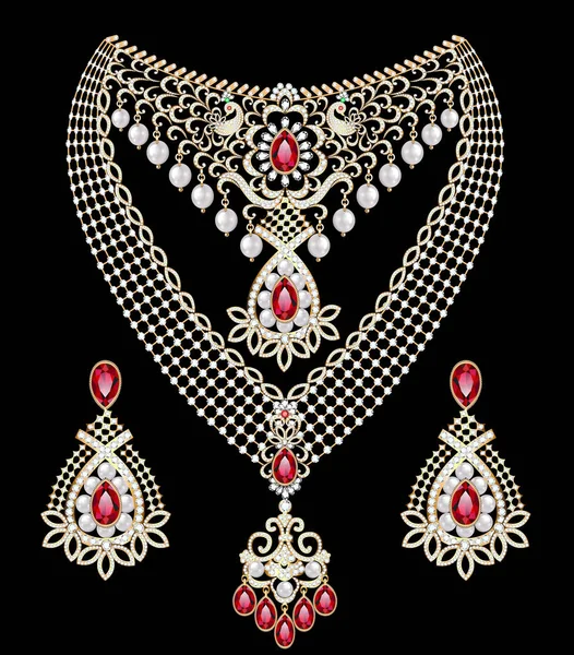 Illustration Uppsättning Halsband Och Örhängen Bröllop Kvinnliga Diamant — Stock vektor