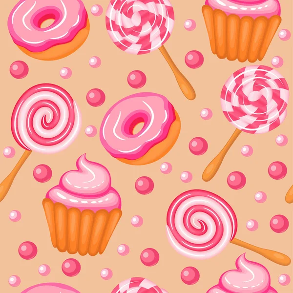 Ilustração Fundo Sem Costura Doce Donuts Doces Cupcakes — Vetor de Stock