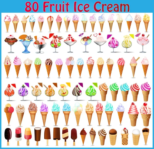大量不同类型的水果和巧克力冰淇淋的插图 — 图库矢量图片
