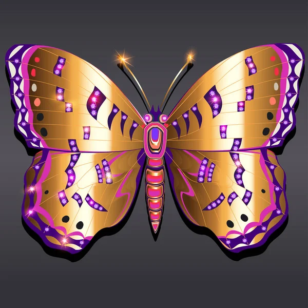 Šperk Zlatý Motýlí Brož Drahých Kamenech Nádherná Dekorace Odrazem — Stockový vektor