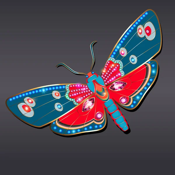Ékszer Arany Pillangó Bross Medál Drágakövekkel Gyönyörű Dekoráció Tükörképe — Stock Vector