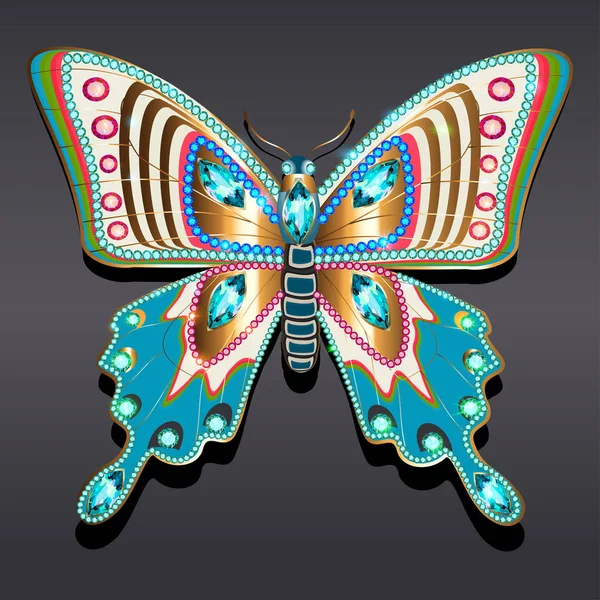 宝石の宝石でジュエリーゴールド蝶のブローチペンダント 反射と美しい装飾 — ストックベクタ