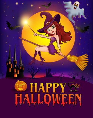 Cadılar Bayramınız Kutlu Olsun. Cadılar Bayramı uçan küçük cadı. Cadılar Bayramı kostümlü kız sihirli bir değnek tutar. Retro vintage.