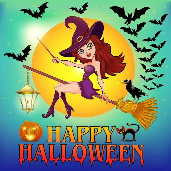 Vrolijke Halloween Halloween Vliegende Kleine Heks Meisje Halloween Kostuum Houdt — Stockvector