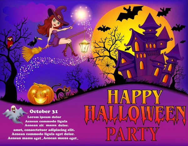 Poster Illustration Happy Halloween Party Young Witch Flying Broomstick — Stock Vector