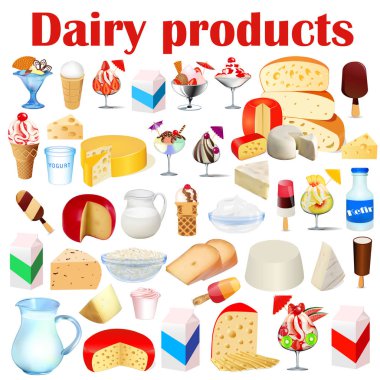 Peynir, kefir, ekşi krema, süzme peynir ve dondurma ile süt ürünleri İllüstrasyon arka plan seti.