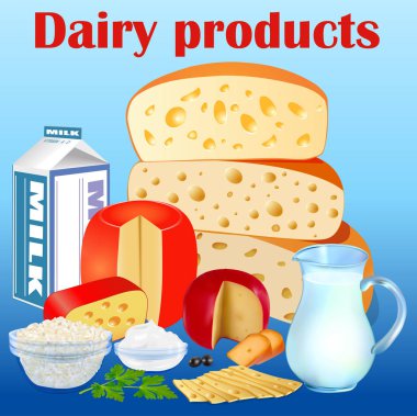 Peynir, ekşi krema, süzme peynir ve dondurma ile süt ürünleri İllüstrasyon arka plan seti.