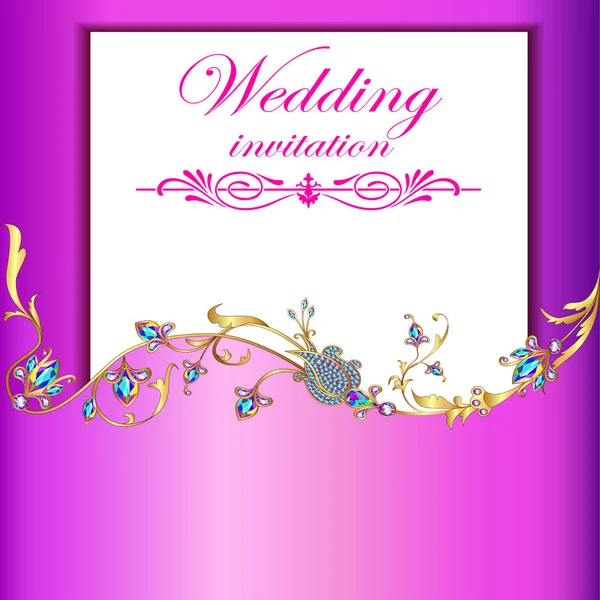 Illustratie Bruiloft Uitnodiging Met Gouden Ornamenten Edelstenen — Stockvector