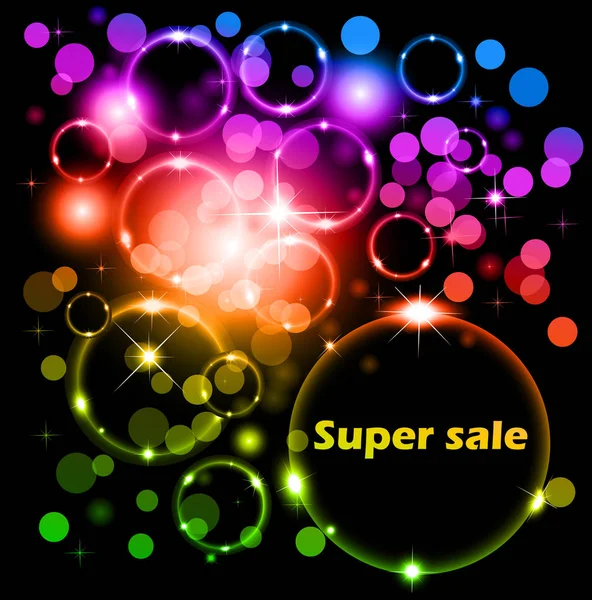 Illustration Bright Neon Background Space Stars Super Sale Text Circle — Stock Vector