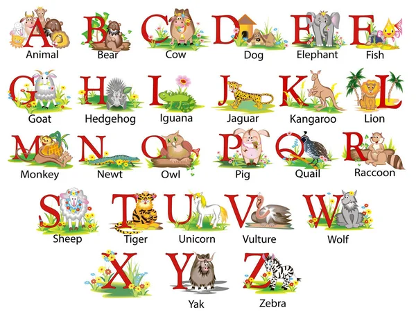 Ilustración Una Caricatura Infantil Alfabeto Inglés Con Animales Cada Letra — Archivo Imágenes Vectoriales