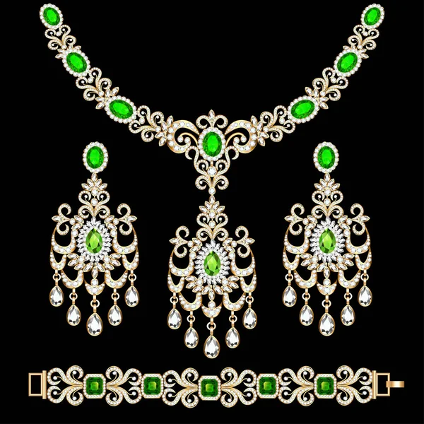 珠宝套装 手镯耳环和宝石项链说明 — 图库矢量图片