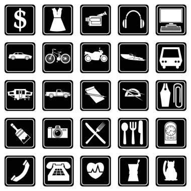 Satış ve hizmet giyim, ses ekipmanları, bilgisayarlar, restoranlar, arabalar, kamyon, evcil hayvanlar, eczane teması üzerine simgeler kümesi İllüstrasyon