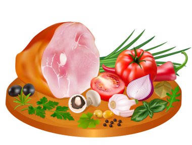 Beyaz üzerine izole ahşap bir kesme tahtası üzerinde domates, mantar, soğan ve sarımsak ile baharat füme et bir parça İllüstrasyon