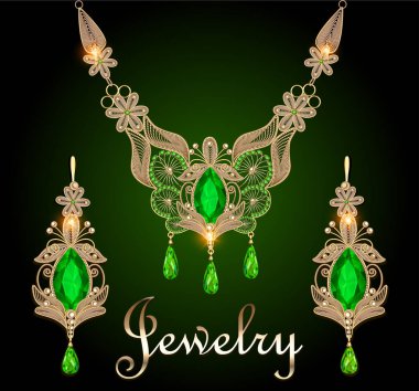 İllüstrasyon takı altın filigran kolye ve zümrüt ile küpe seti