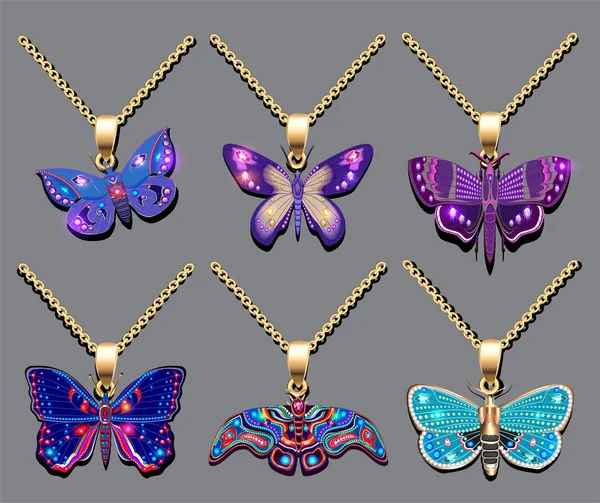 Illustration Set Butterfly Pendants Precious Stones — Stock Vector