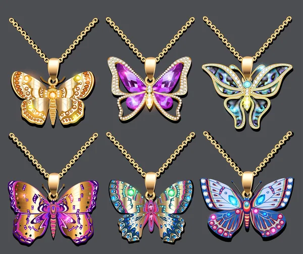 Illustration Ensemble Pendentifs Papillon Avec Des Pierres Précieuses — Image vectorielle