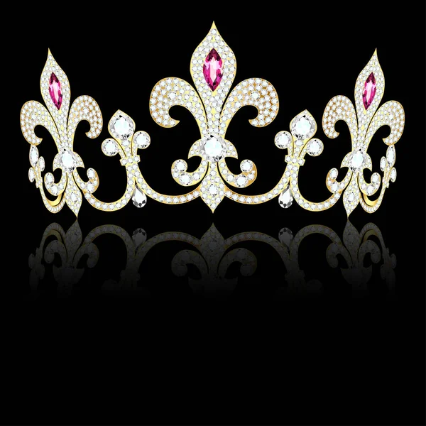 皇冠的插图 黄金和宝石的装饰 在花弗勒德丽斯的形状与反射 — 图库矢量图片
