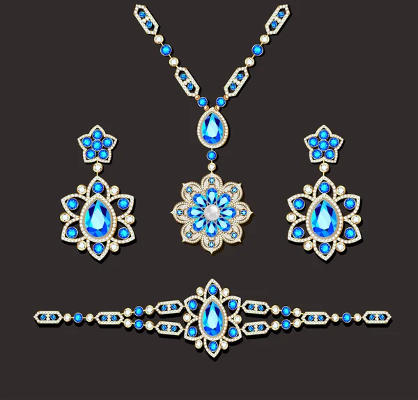 Illustration Jewelry Set Bracelet Earrings Necklace Precious Stones — Stock Vector