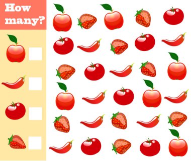 Okul öncesi çocuklar için oyun sayma. Eğitici matematik oyunu. Kaç tane meyve, sebze, çilek sayın ve sonucu kaydedin!