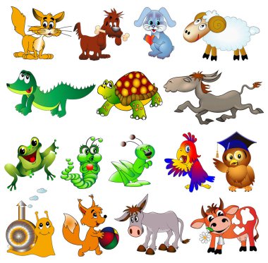 İnek, koyun, tavşan, timsah, baykuş, eşek, eşek, kurbağa, tırtıl, çekirge, papağan, köpek, kedi ve sincap ile karikatür hayvanların İllüstrasyon seti
