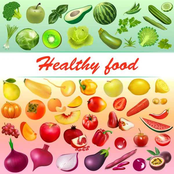 Illustration Background Healthy Food Vegetables Fruits Berries Different Colors — Stock Vector