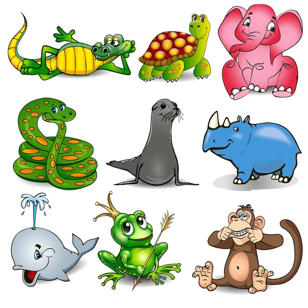 Illustration Set Cartoon Animals Crocodile Turtle Snake Sea Lion Hippo — Stock Vector