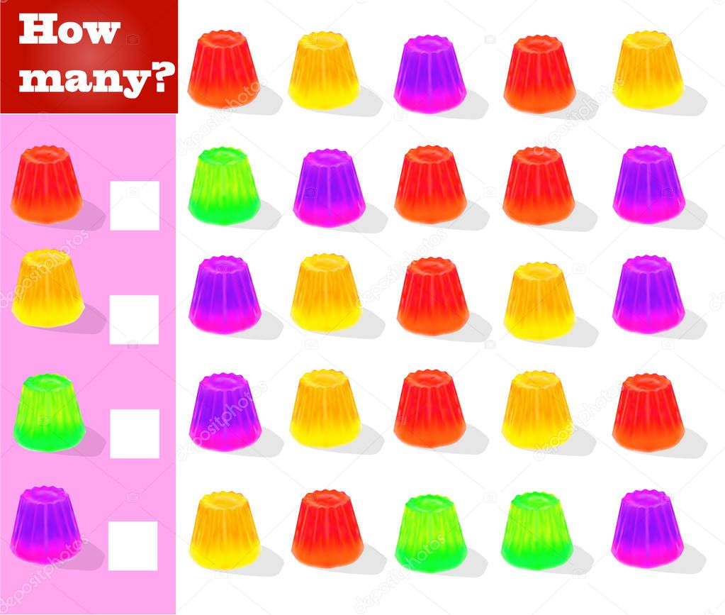 Counting game for preschool children. Educational math game. Calculate how many different jellies and record the result!