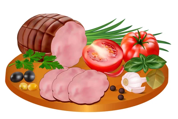Sneetjes Ham Met Kleurrijke Paprika Tomaten Knoflook Specerijen Een Houten — Stockvector
