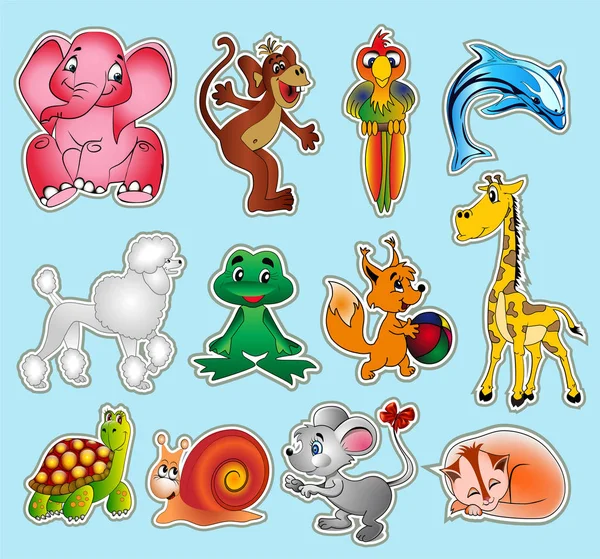 Illustration Set Animal Stickers Giraffe Elephant Parrot Monkey Frog Cat — Stock Vector