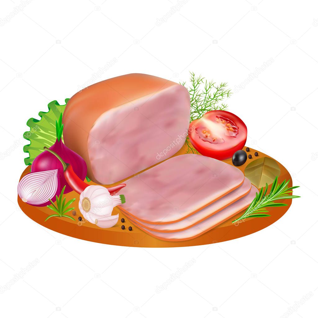 Slices of ham with colorful peppers, tomatoes, garlic and spices on a wooden cutting Board, isolated on white