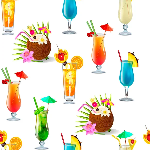热带含酒精鸡尾酒和水果的无缝背景说明 — 图库矢量图片