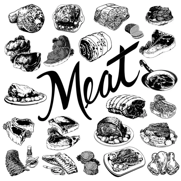 Illustration Von Handgezeichneten Fleischgerichten — Stockvektor