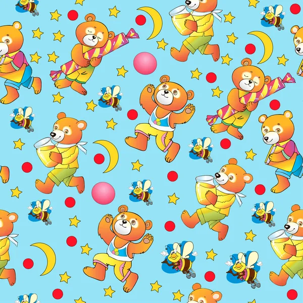 イラストシームレスパターン蜂蜜 ボール キャンディーと面白いクマの子供の装飾 — ストックベクタ