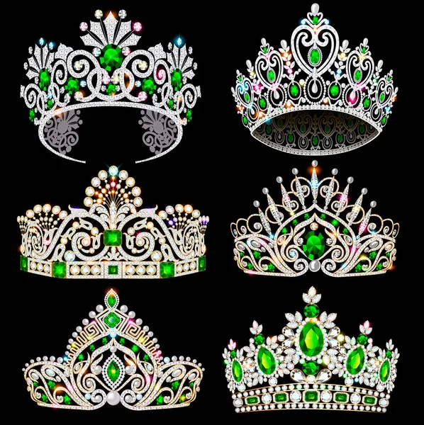 Ilustração Vetorial Uma Coleção Moda Tiaras Jóias Com Diamantes Esmeraldas — Vetor de Stock