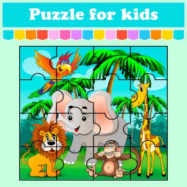 Çocuklar için bulmaca oyunu. Çayırdaki hayvanlar gibi. Eğitim ödevi. Renk etkinliği sayfası. Anaokulu bilmecesi. İzole vektör çizimi. Çizgi film biçimi.