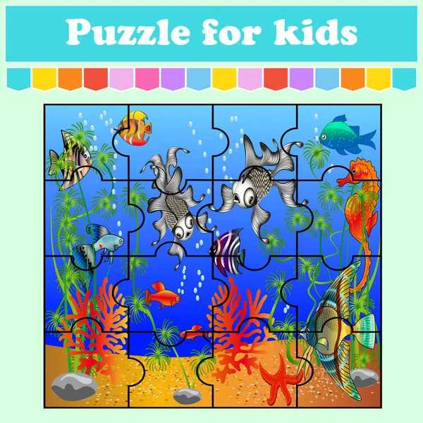 Puzzle Game Bambini Pesce Nel Mare Scheda Lavoro Sull Istruzione — Vettoriale Stock