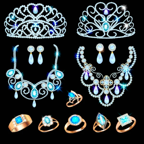 Illustrazione Set Gioielli Con Catena Con Ciondolo Orecchini Collana Tiara — Vettoriale Stock