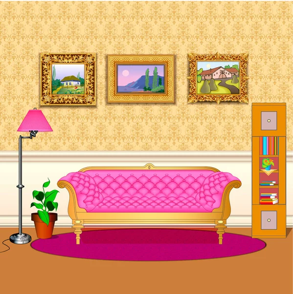 イラストインテリア現代的な家庭のリビングルームのソファ 床ランプベクトル — ストックベクタ
