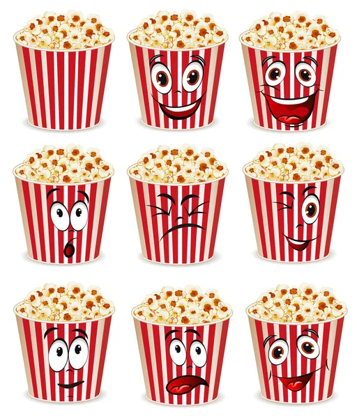 Set Von Cartoon Glücklich Popcorn Korb Mit Verschiedenen Emotionen — Stockvektor