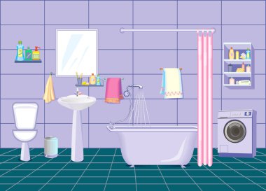 Su tesisatı, eflatun duvarları ve koyu fayanslı zemini olan modern banyo. Çamaşır makinesi ve raf vektör çizimi.