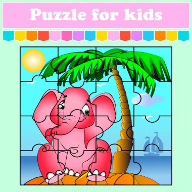 Çocuklar için bulmaca oyunu. Palmiye ağacının altında oturan bir adada fil. Eğitim ödevi. Renk etkinliği sayfası. Anaokulu bilmecesi. İzole vektör çizimi. Çizgi film biçimi.