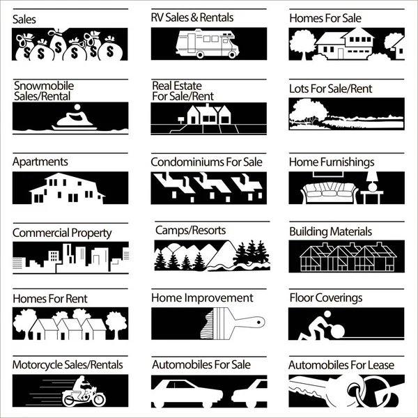 Иллюстрационный Набор Заголовков Объявлений Продаже Аренде Обслуживании Монохромными Черно Белыми — стоковый вектор
