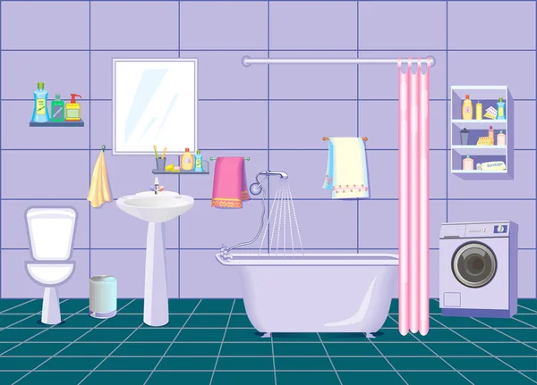 Interior Moderno Cuarto Baño Con Paredes Plomería Lila Suelo Baldosas — Vector de stock