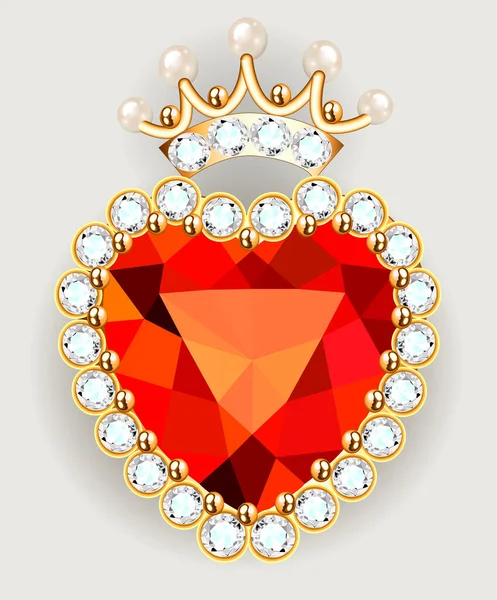 Illustration Einer Schmuckgoldbrosche Herzform Einer Krone Mit Perlen Und Edelsteinen — Stockvektor