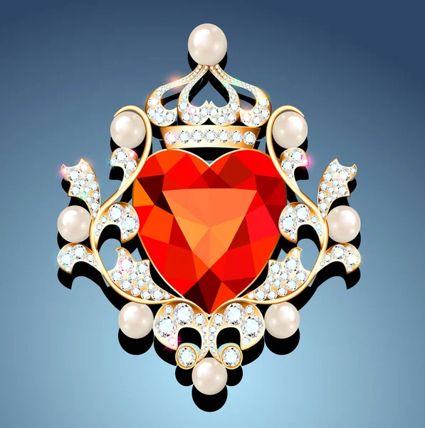 Ilustración Broche Oro Joyería Forma Corazón Una Corona Con Perlas — Archivo Imágenes Vectoriales