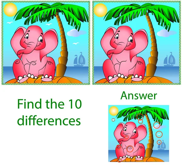 Børns Illustration Visuelt Puslespil Find Forskelle Billedet Med Elefant Siddende – Stock-vektor