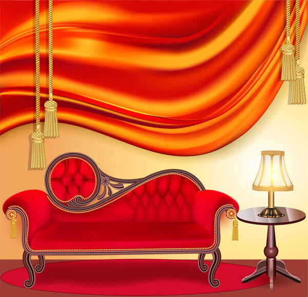 Illustration interior of modern home living room sofa, drapery curtain coffee table, lamp vector